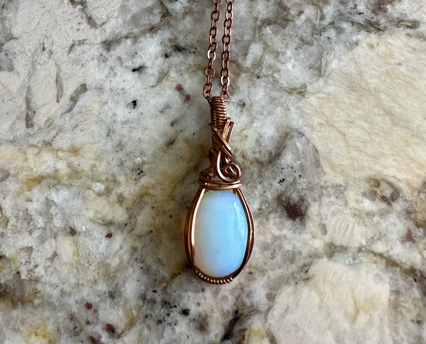 Copper Wire-Wrapped Opalite Glass Pendant