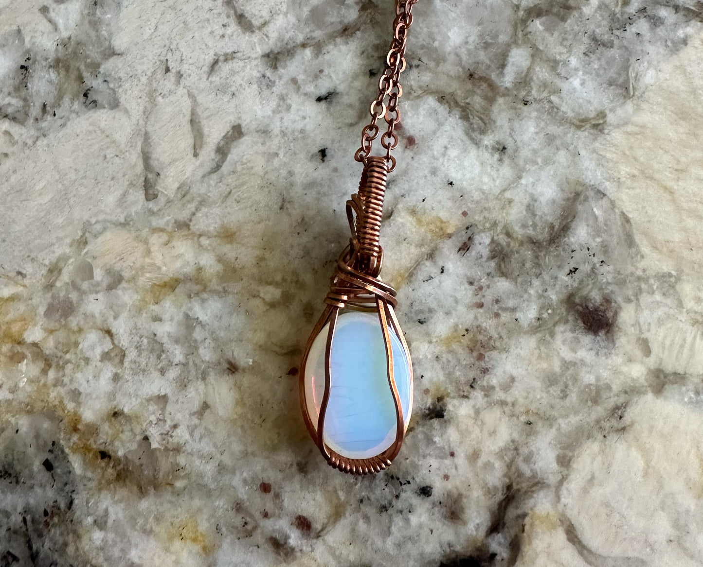 Copper Wire-Wrapped Opalite Glass Pendant
