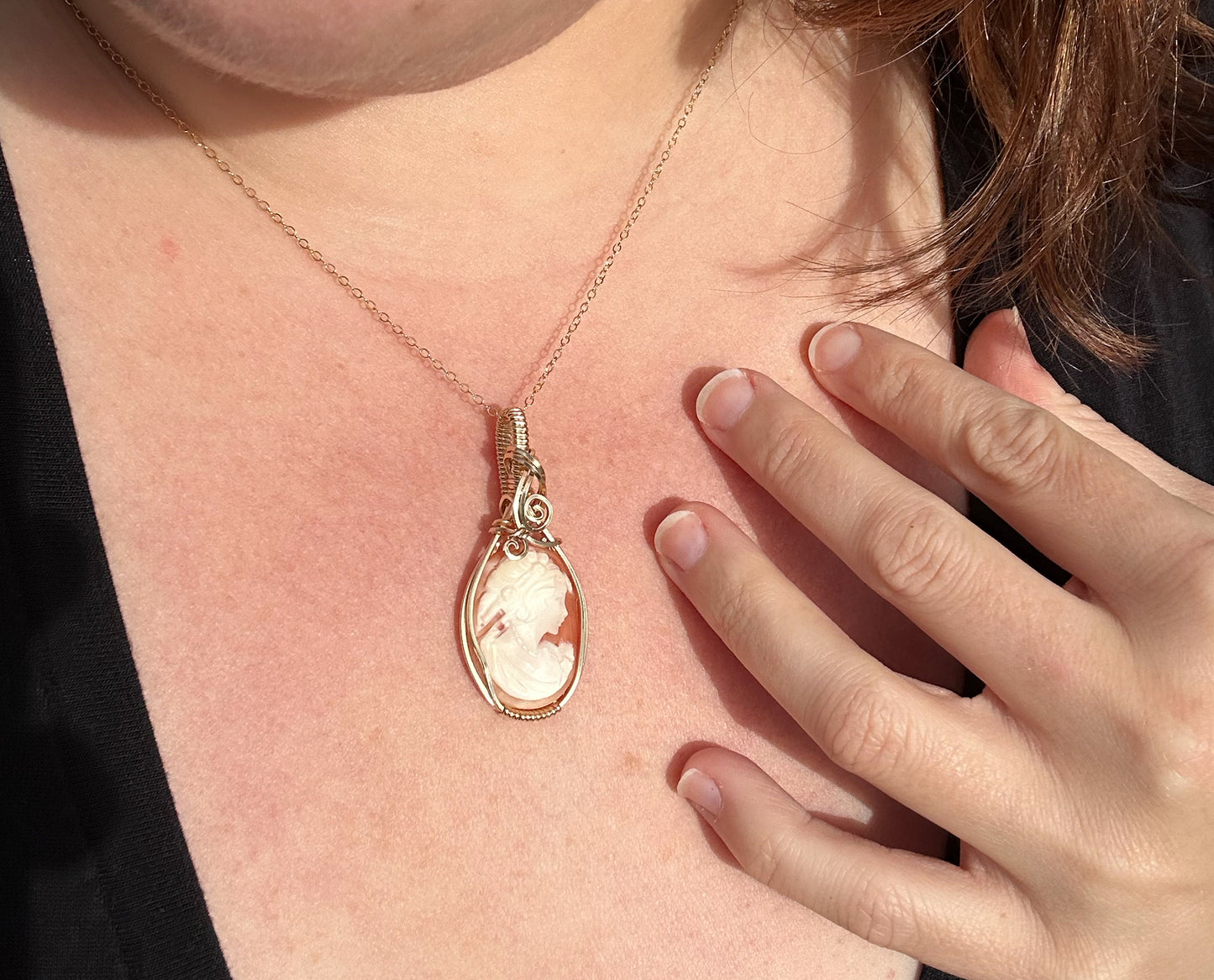 Wire-Wrapped Small Vintage Carved Shell Cameo of Woman Pendant in 14k Goldfilled Wire
