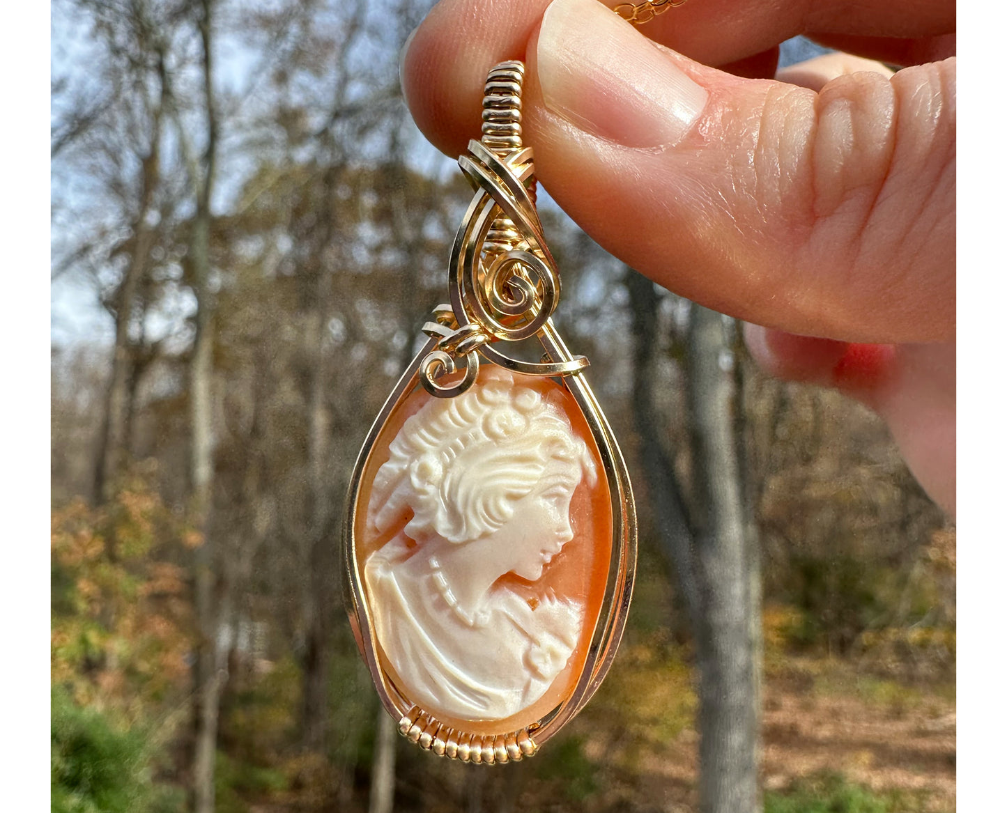 Wire-Wrapped Small Vintage Carved Shell Cameo of Woman Pendant in 14k Goldfilled Wire