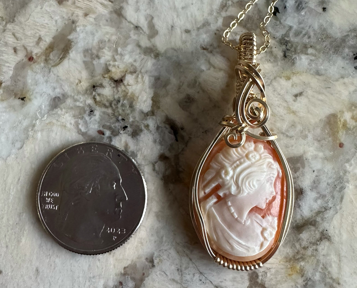 Wire-Wrapped Small Vintage Carved Shell Cameo of Woman Pendant in 14k Goldfilled Wire