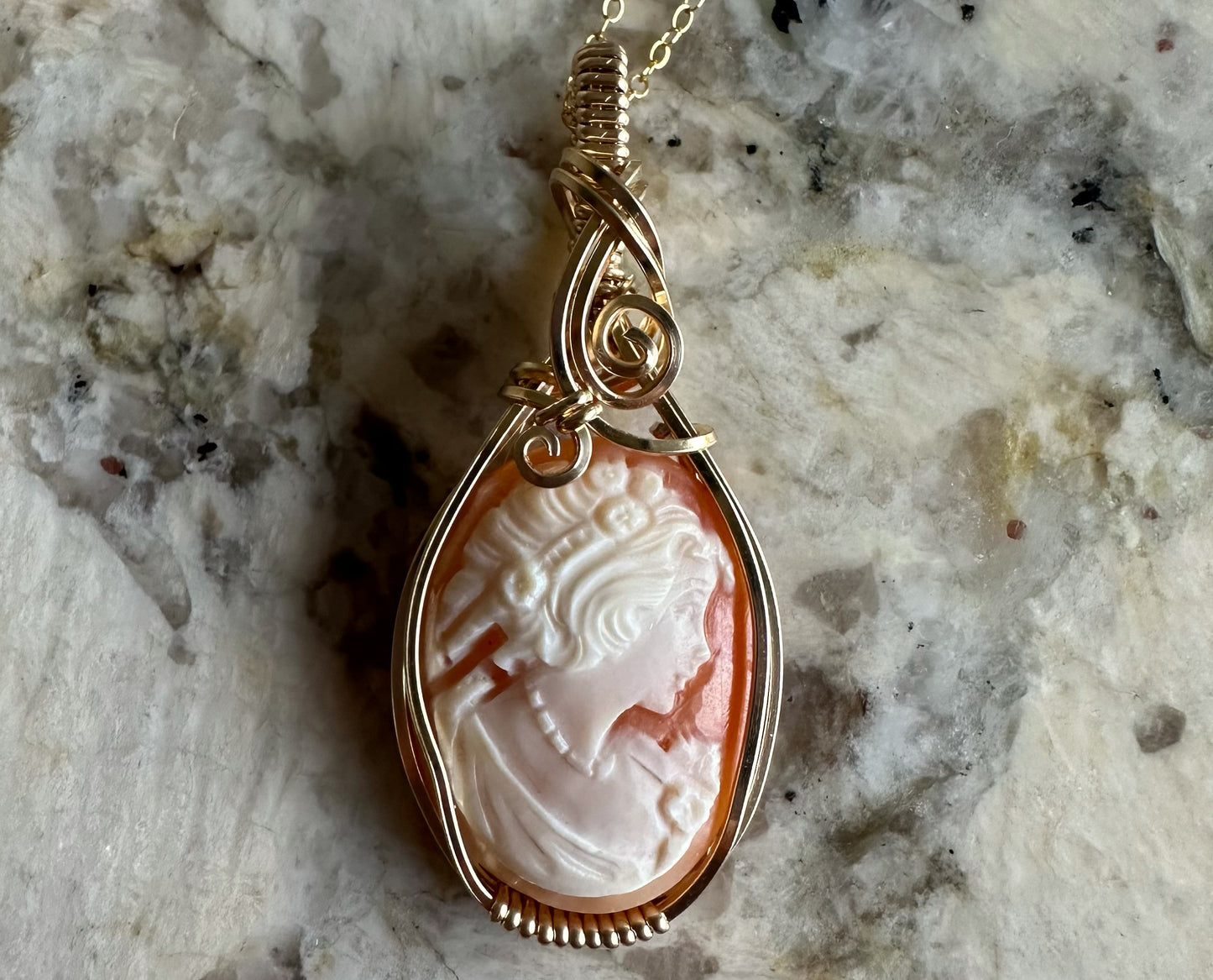 Wire-Wrapped Small Vintage Carved Shell Cameo of Woman Pendant in 14k Goldfilled Wire