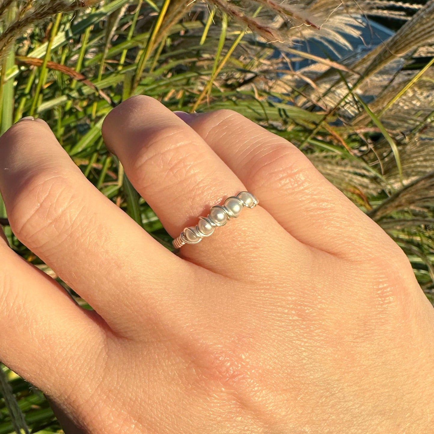 Wire-Wrapped Sterling Silver Five-Pearl Ring, with Natural AAA Grade Cultured 3mm Pearls