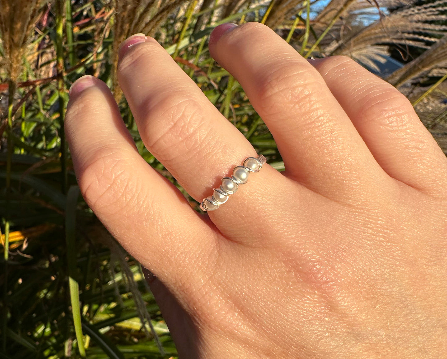 Wire-Wrapped Sterling Silver Five-Pearl Ring, with Natural AAA Grade Cultured 3mm Pearls