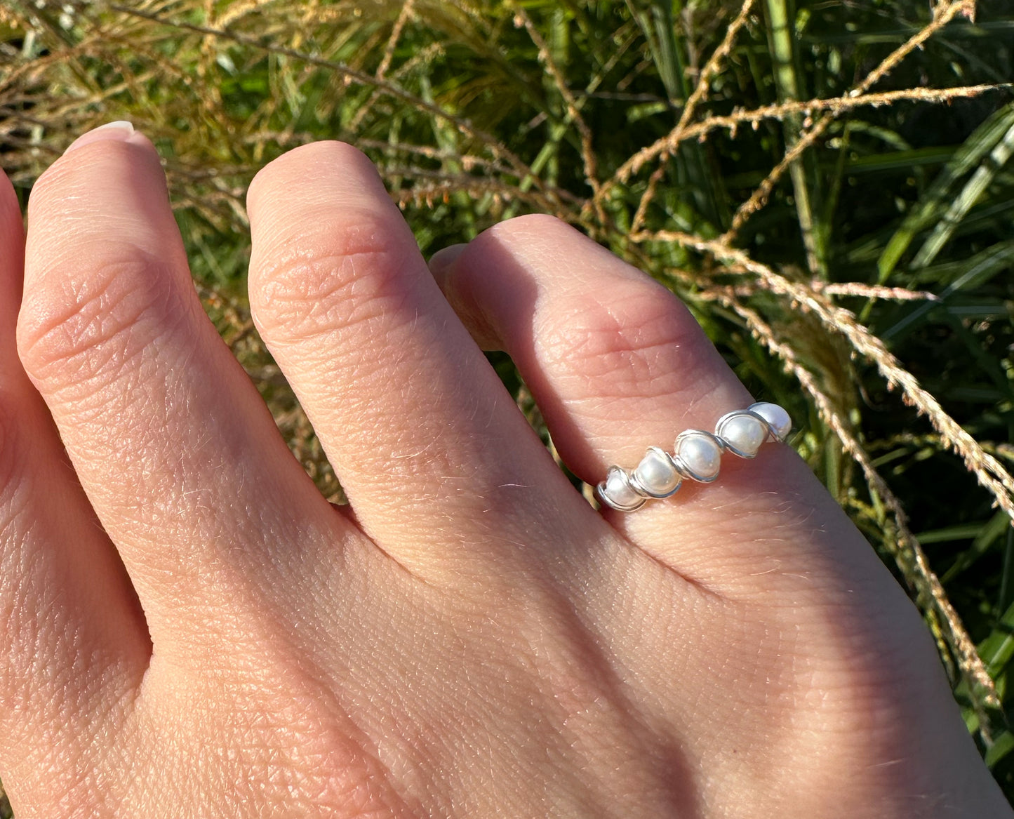 Wire-Wrapped Sterling Silver Five-Pearl Ring, with Natural AAA Grade Cultured 3mm Pearls