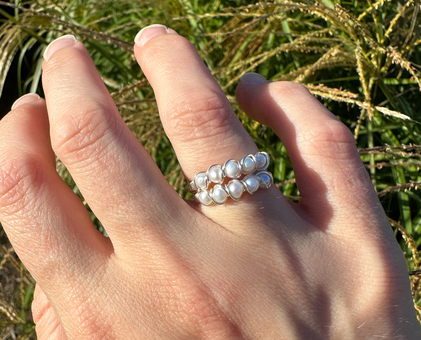 Wire-Wrapped Sterling Silver Five-Pearl Ring, with Natural AAA Grade Cultured 3mm Pearls