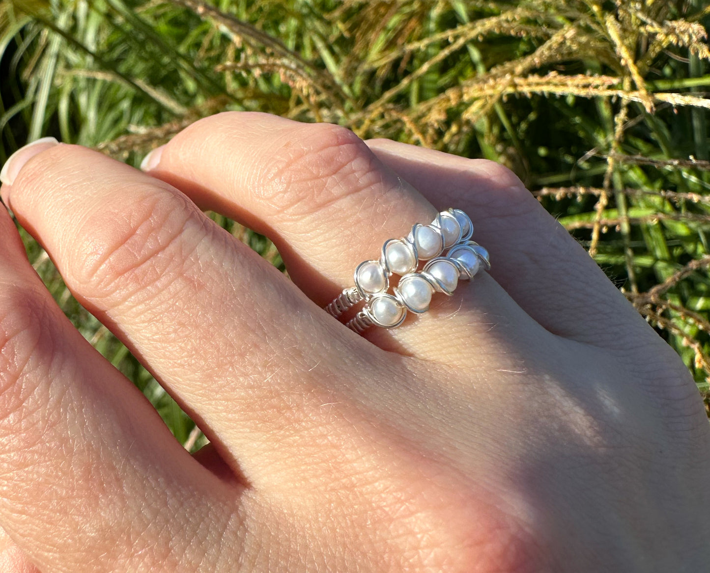 Wire-Wrapped Sterling Silver Five-Pearl Ring, with Natural AAA Grade Cultured 3mm Pearls