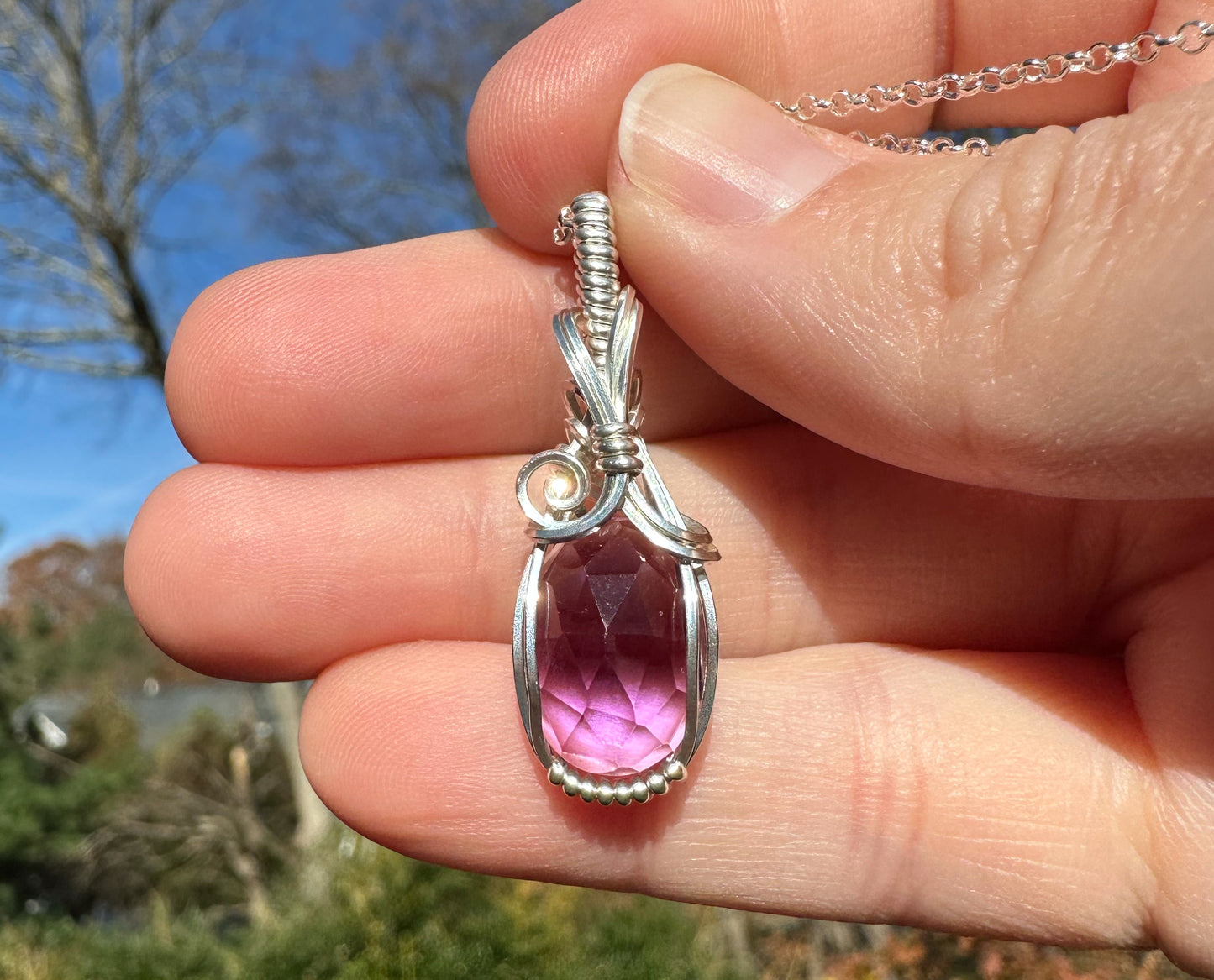 Wire-Wrapped Rosecut Amethyst Pendant in Sterling Silver