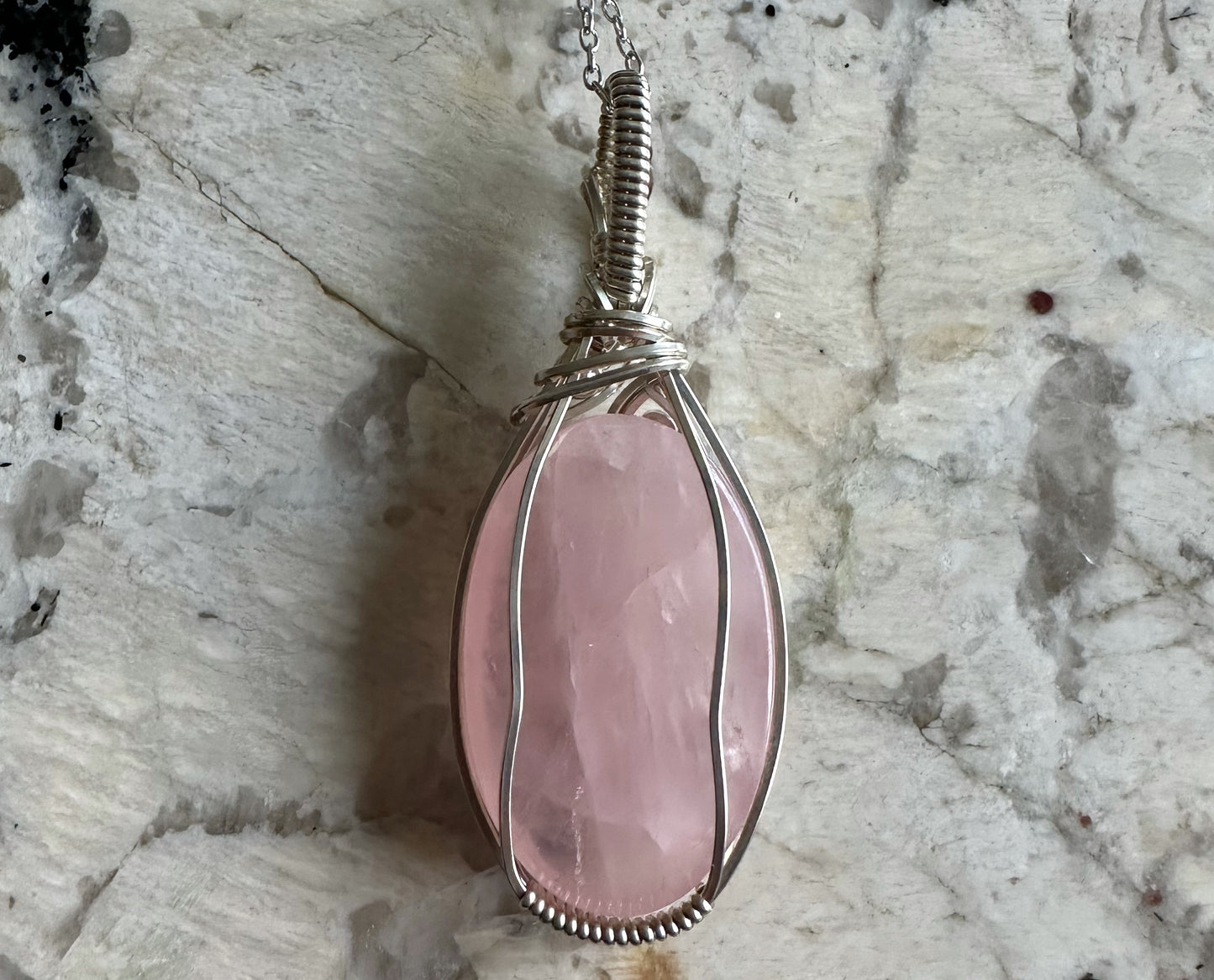 Wire-Wrapped Rose Quartz Pendant in Sterling Silver