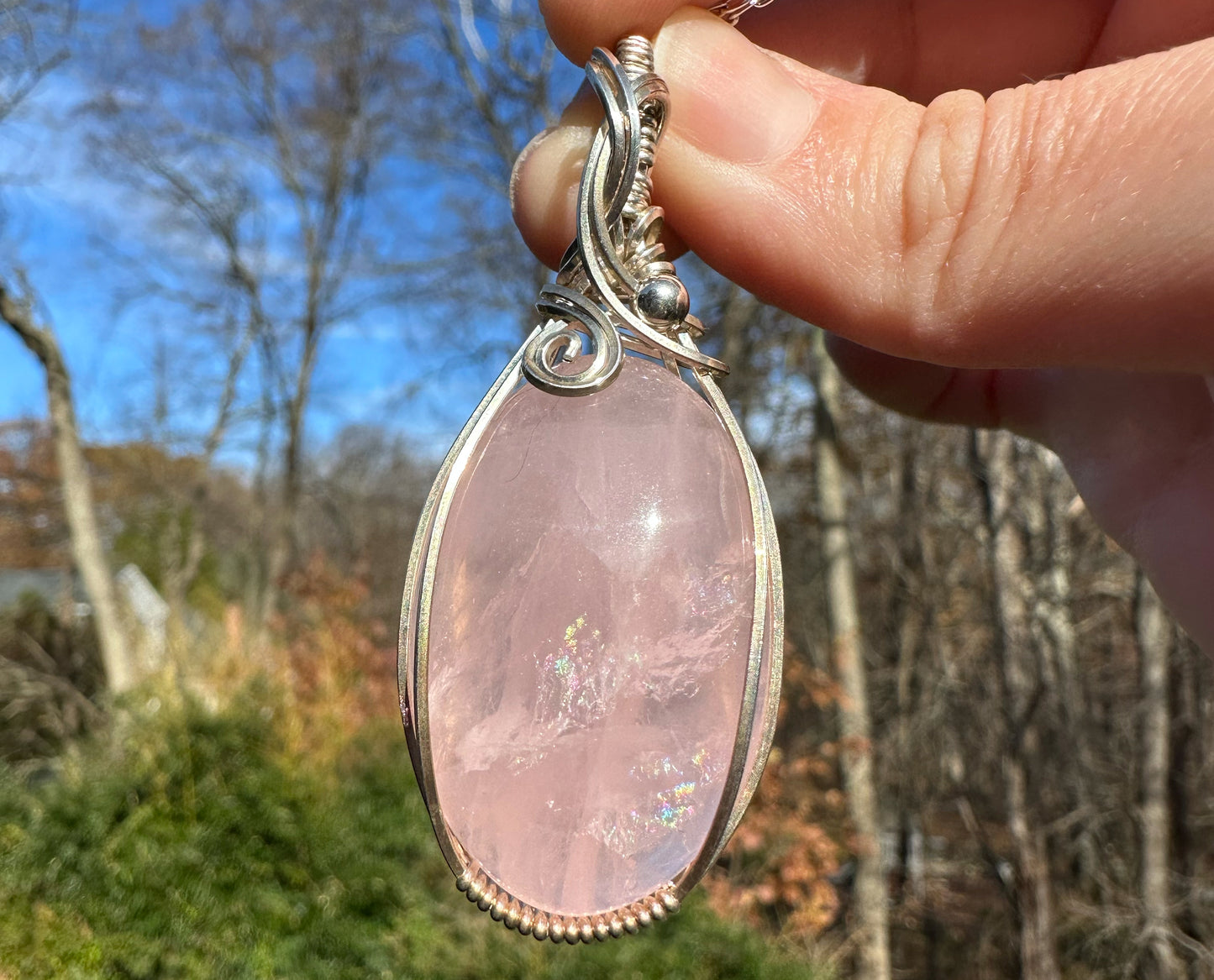Wire-Wrapped Rose Quartz Pendant in Sterling Silver