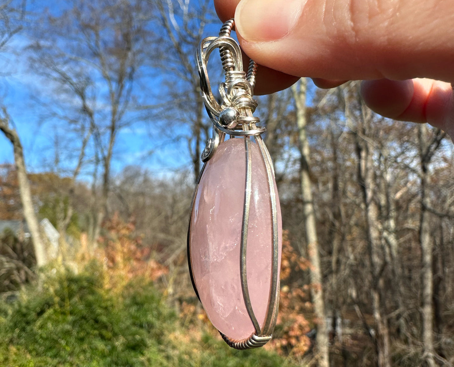 Wire-Wrapped Rose Quartz Pendant in Sterling Silver