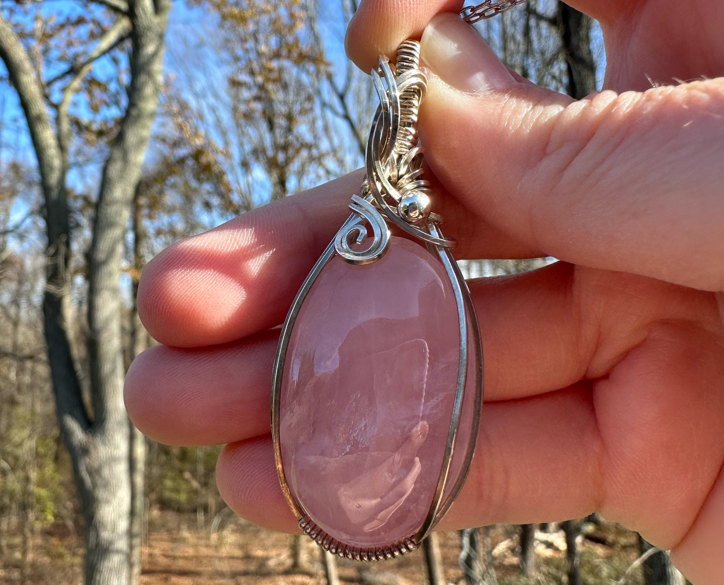 Wire-Wrapped Rose Quartz Pendant in Sterling Silver