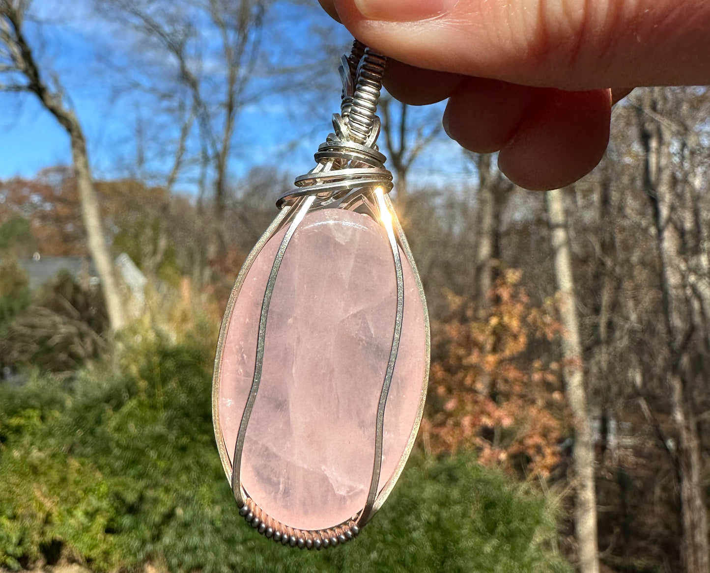Wire-Wrapped Rose Quartz Pendant in Sterling Silver