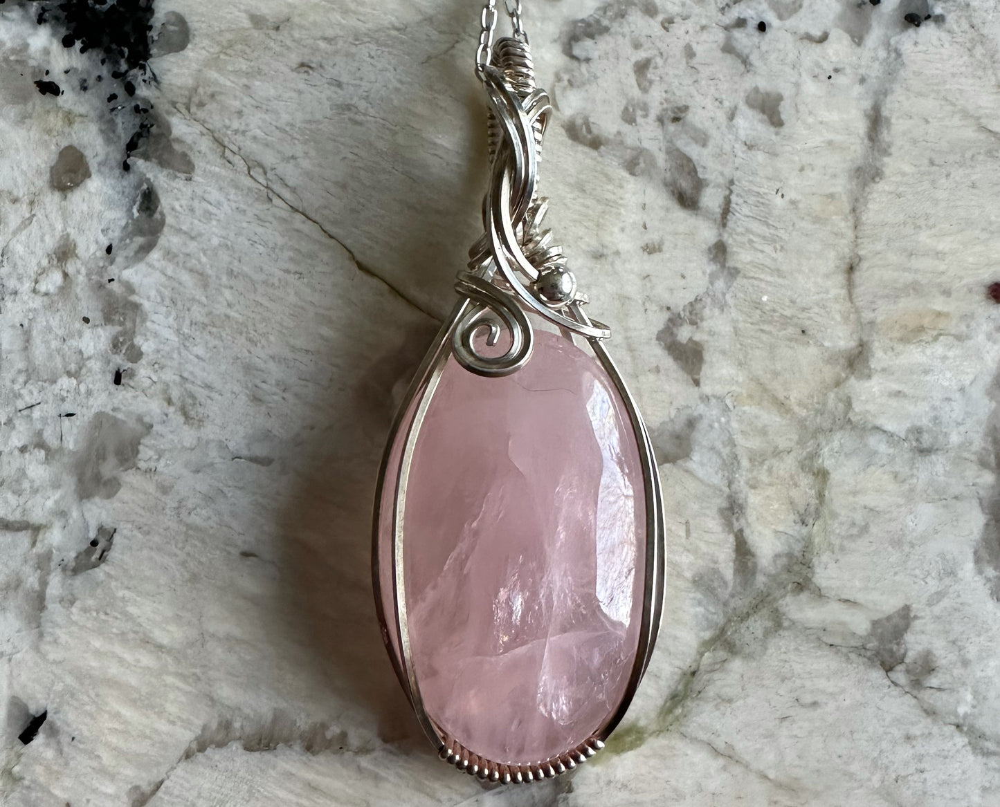 Wire-Wrapped Rose Quartz Pendant in Sterling Silver