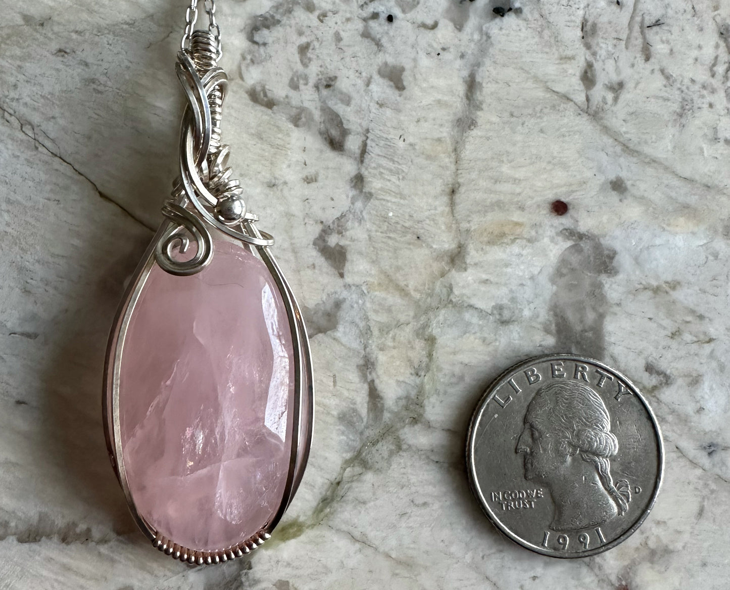 Wire-Wrapped Rose Quartz Pendant in Sterling Silver