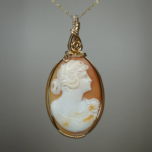 14k Goldfilled Wire-Wrapped Antique 1920s Carved Shell Cameo of Flapper Woman