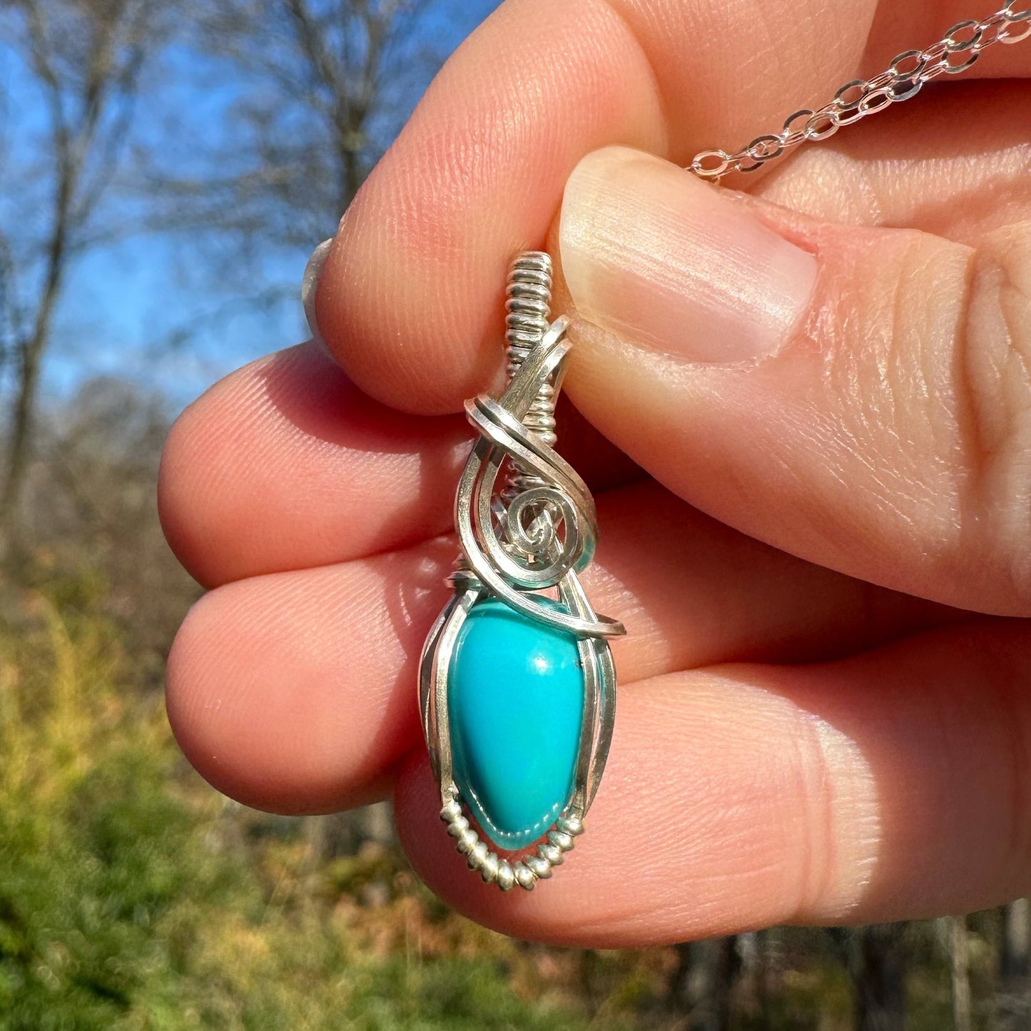 Sterling Silver Wire-Wrapped Sleeping Beauty Blue Turquoise Pendant