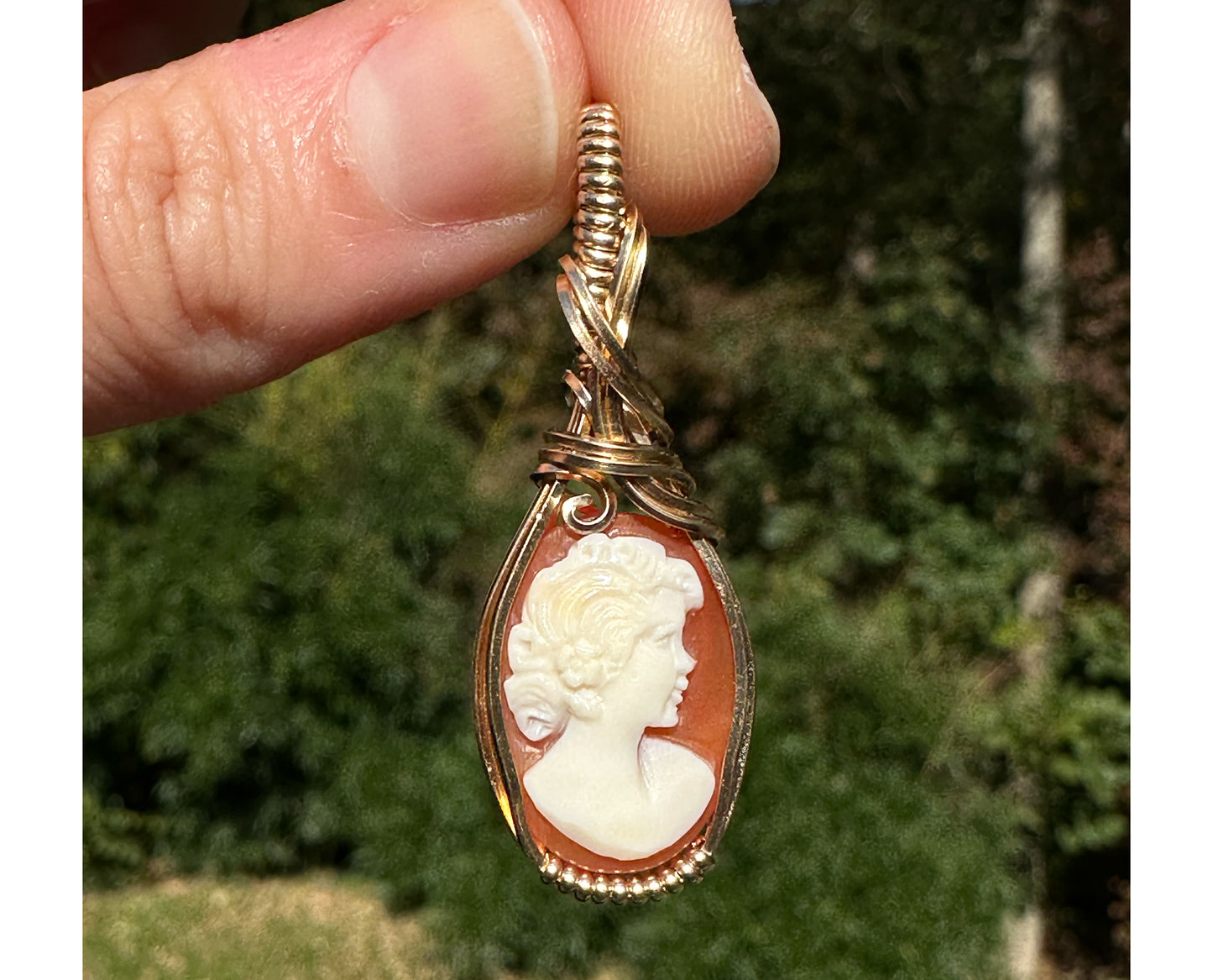 Wire-Wrapped Small Vintage Carved Shell Cameo of Woman Pendant in 14k Goldfilled Wire