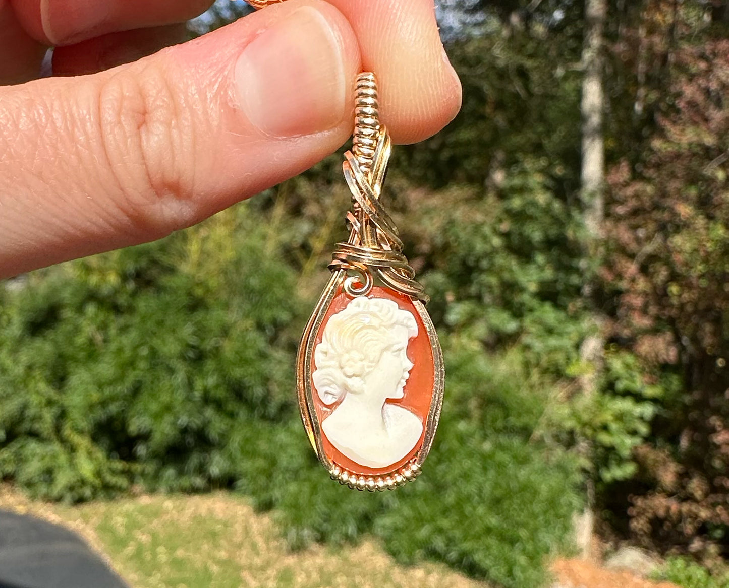 Wire-Wrapped Small Vintage Carved Shell Cameo of Woman Pendant in 14k Goldfilled Wire