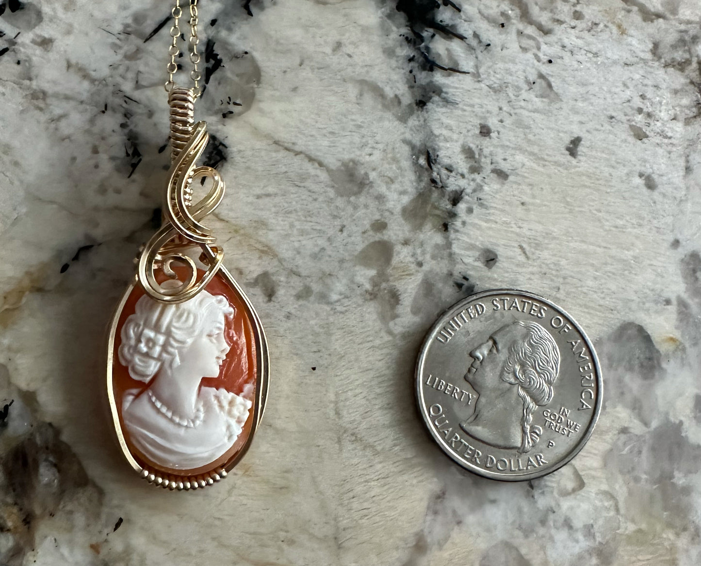 Wire-Wrapped Small Vintage Carved Shell Cameo of Woman Pendant in 14k Goldfilled Wire