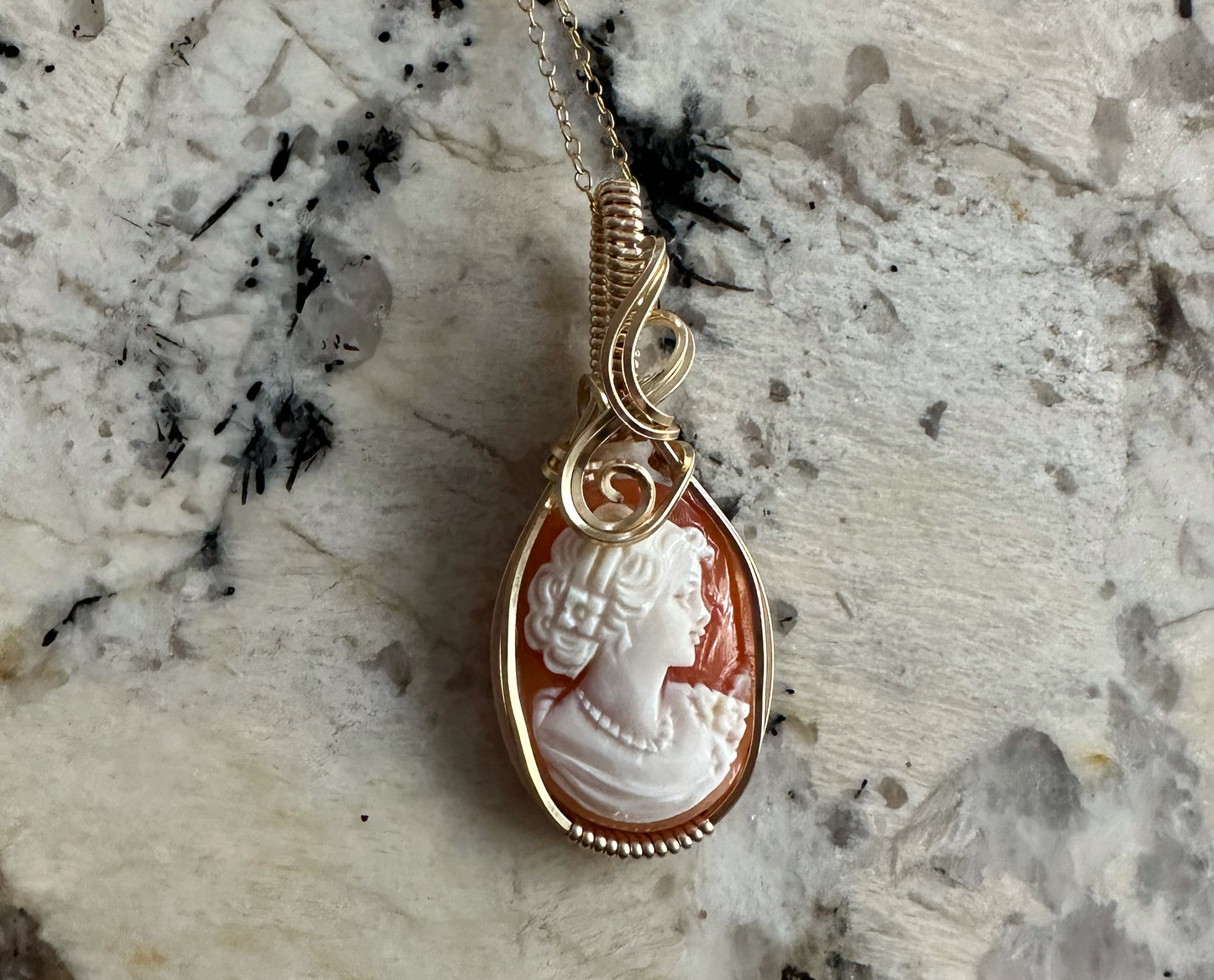 Wire-Wrapped Small Vintage Carved Shell Cameo of Woman Pendant in 14k Goldfilled Wire