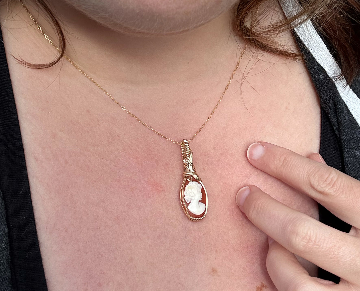 Wire-Wrapped Small Vintage Carved Shell Cameo of Woman Pendant in 14k Goldfilled Wire