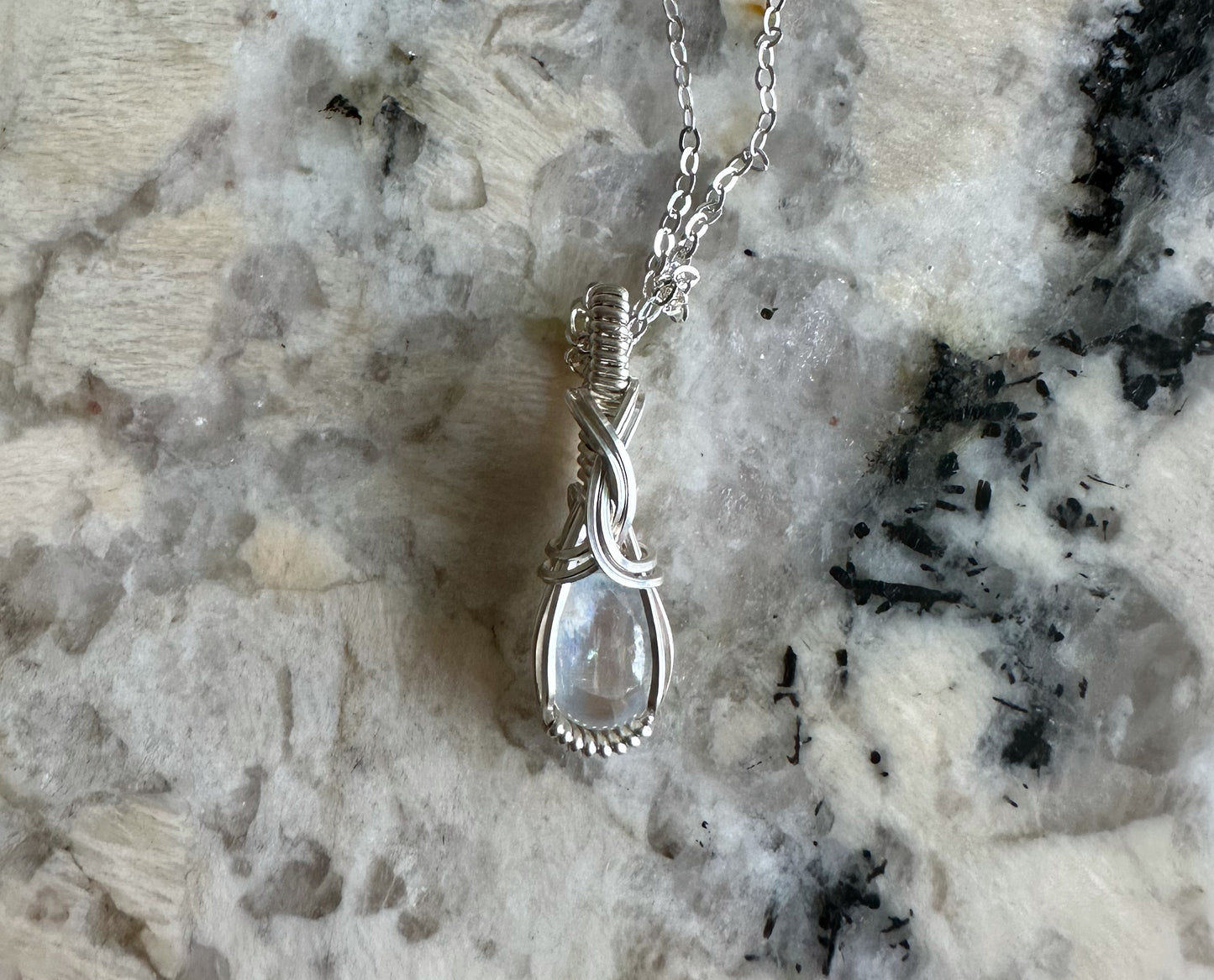 Sterling Silver Wire-Wrapped Rainbow Moonstone Pendant