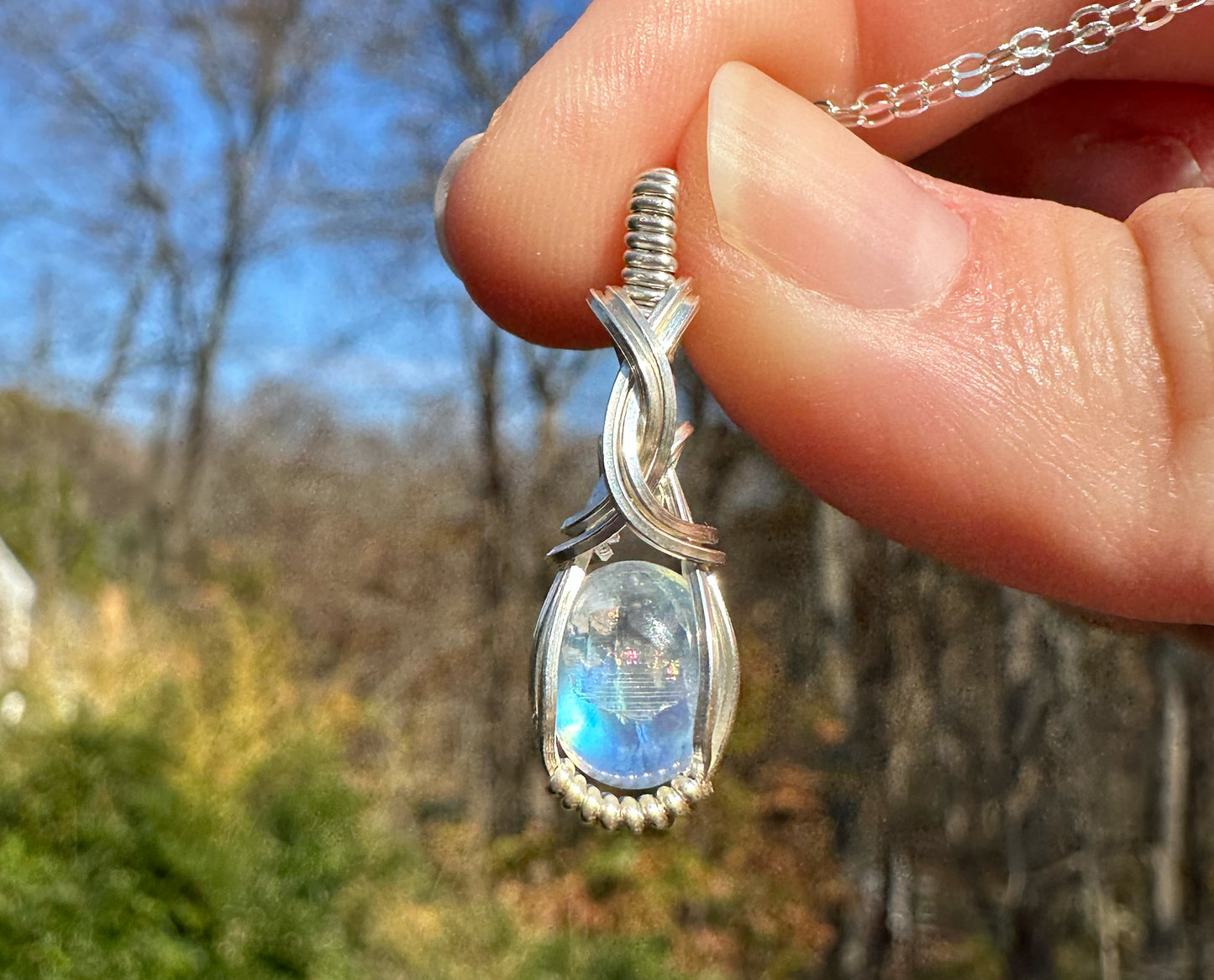 Sterling Silver Wire-Wrapped Rainbow Moonstone Pendant