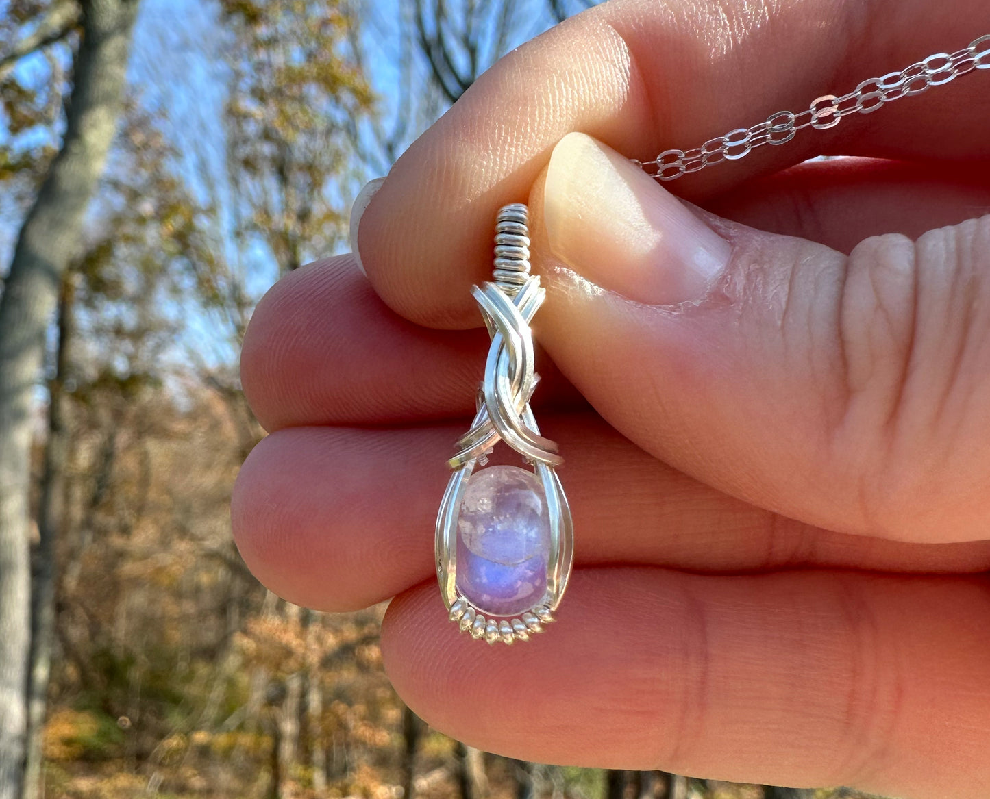 Sterling Silver Wire-Wrapped Rainbow Moonstone Pendant