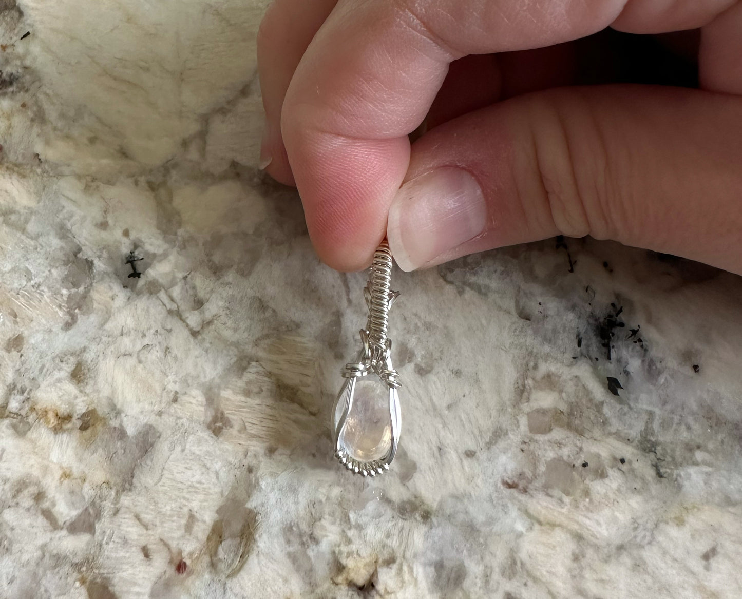 Sterling Silver Wire-Wrapped Rainbow Moonstone Pendant
