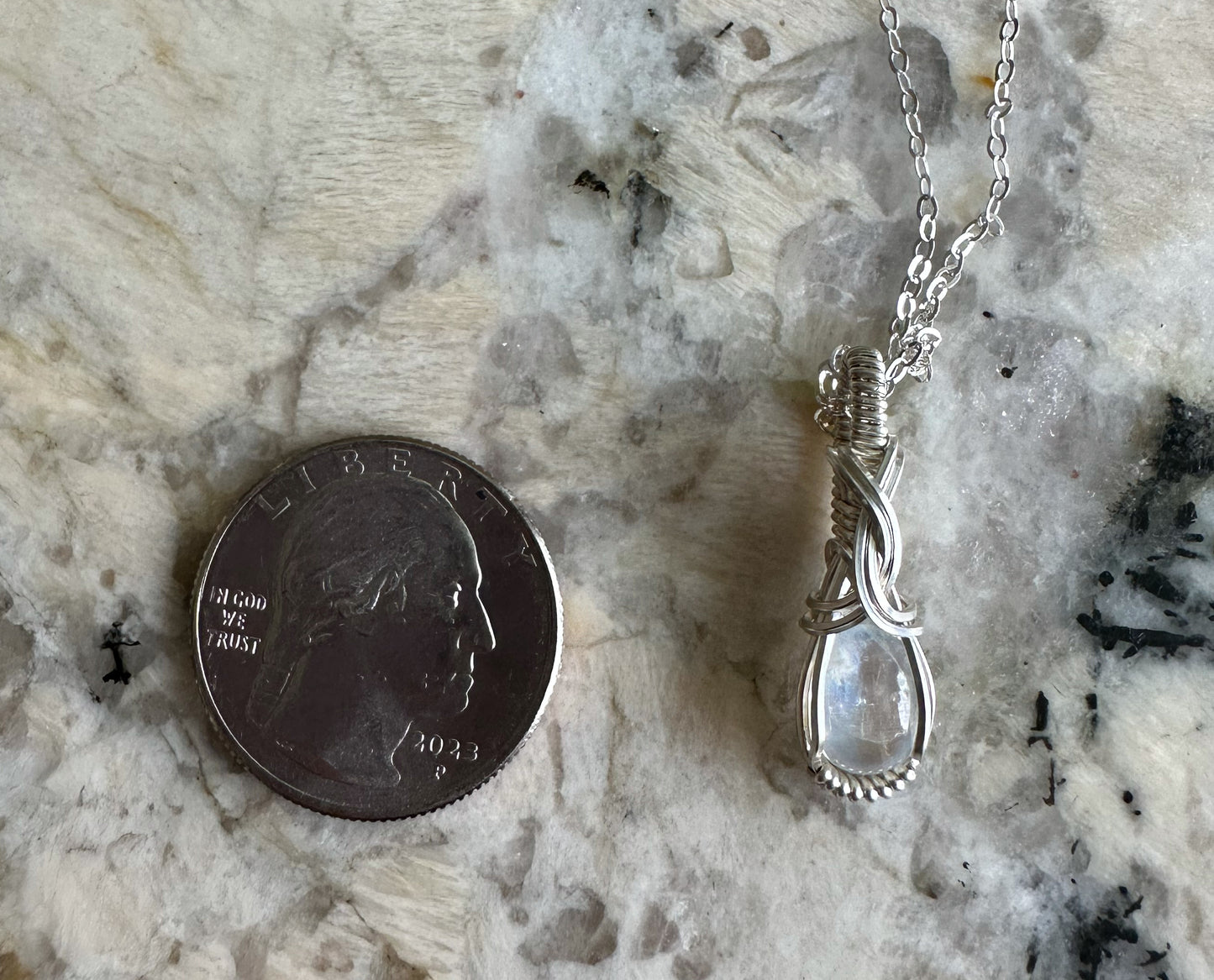 Sterling Silver Wire-Wrapped Rainbow Moonstone Pendant