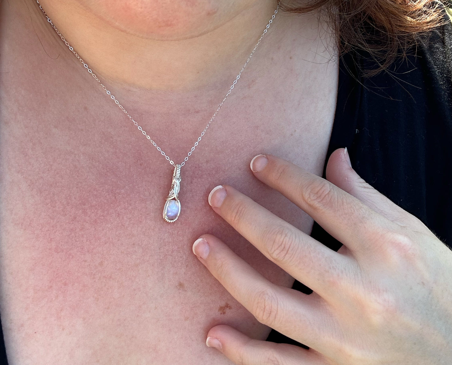 Sterling Silver Wire-Wrapped Rainbow Moonstone Pendant