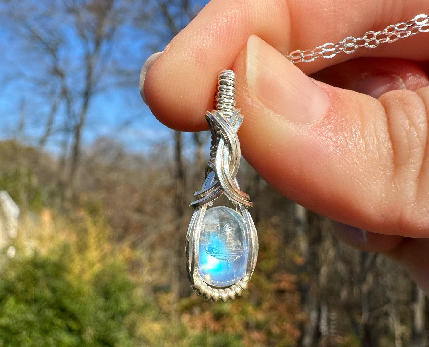 Sterling Silver Wire-Wrapped Rainbow Moonstone Pendant