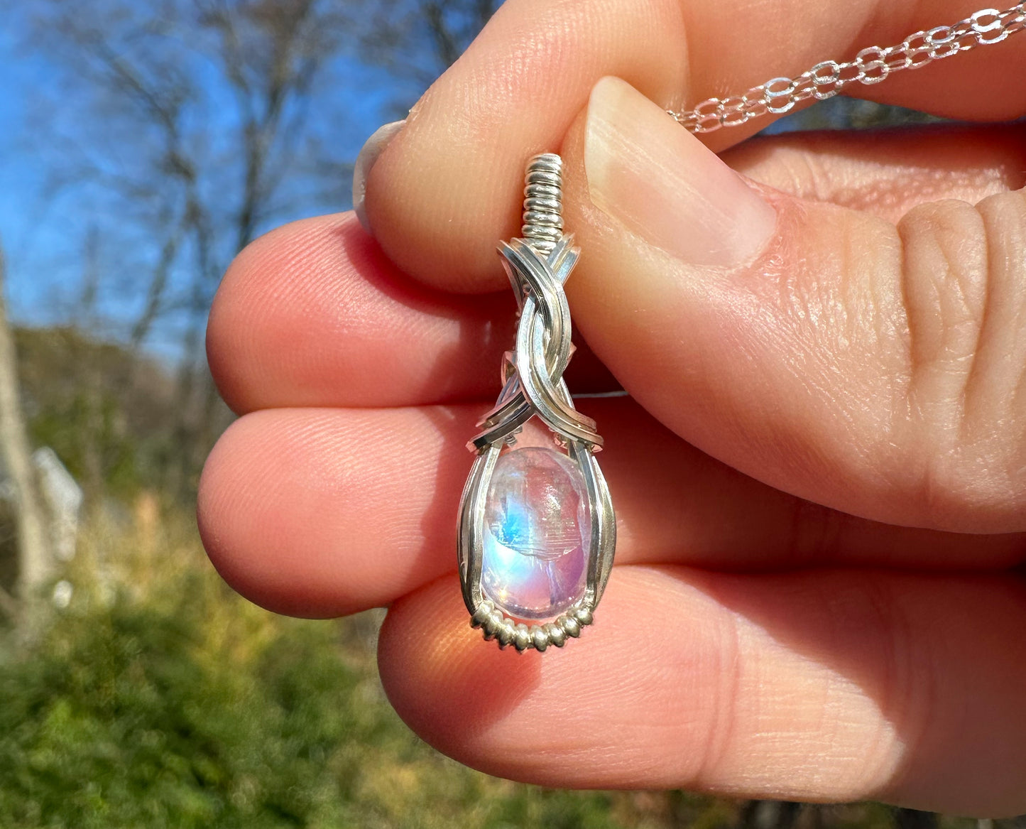 Sterling Silver Wire-Wrapped Rainbow Moonstone Pendant