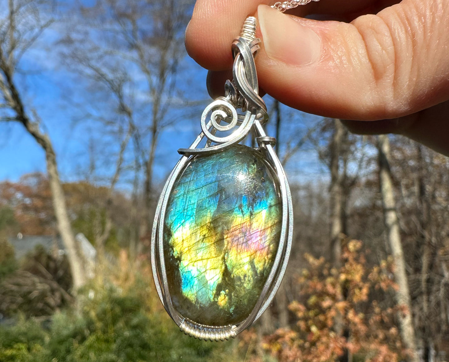 Wire-Wrapped Spectrolite Labradorite Pendant in Sterling Silver