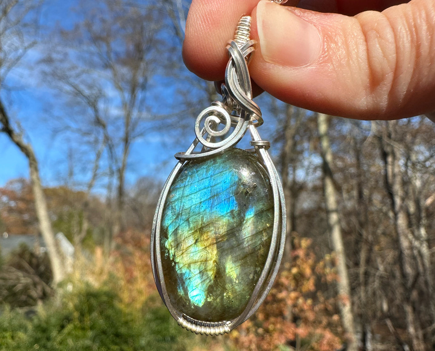 Wire-Wrapped Spectrolite Labradorite Pendant in Sterling Silver