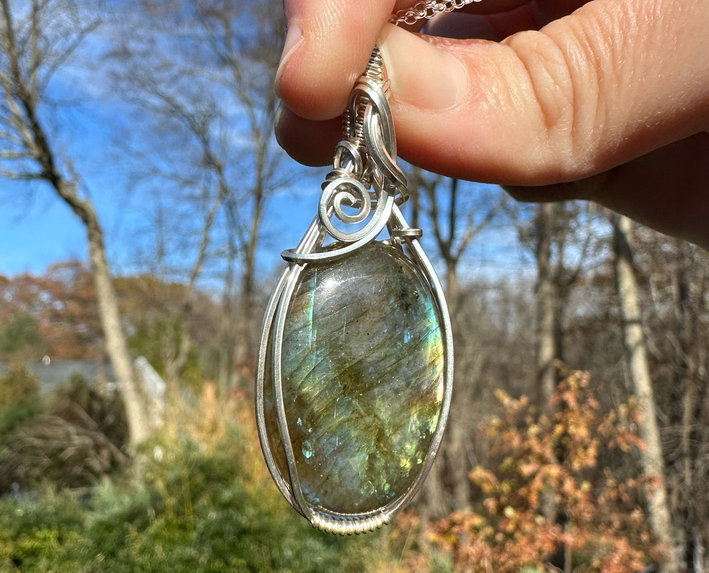 Wire-Wrapped Spectrolite Labradorite Pendant in Sterling Silver