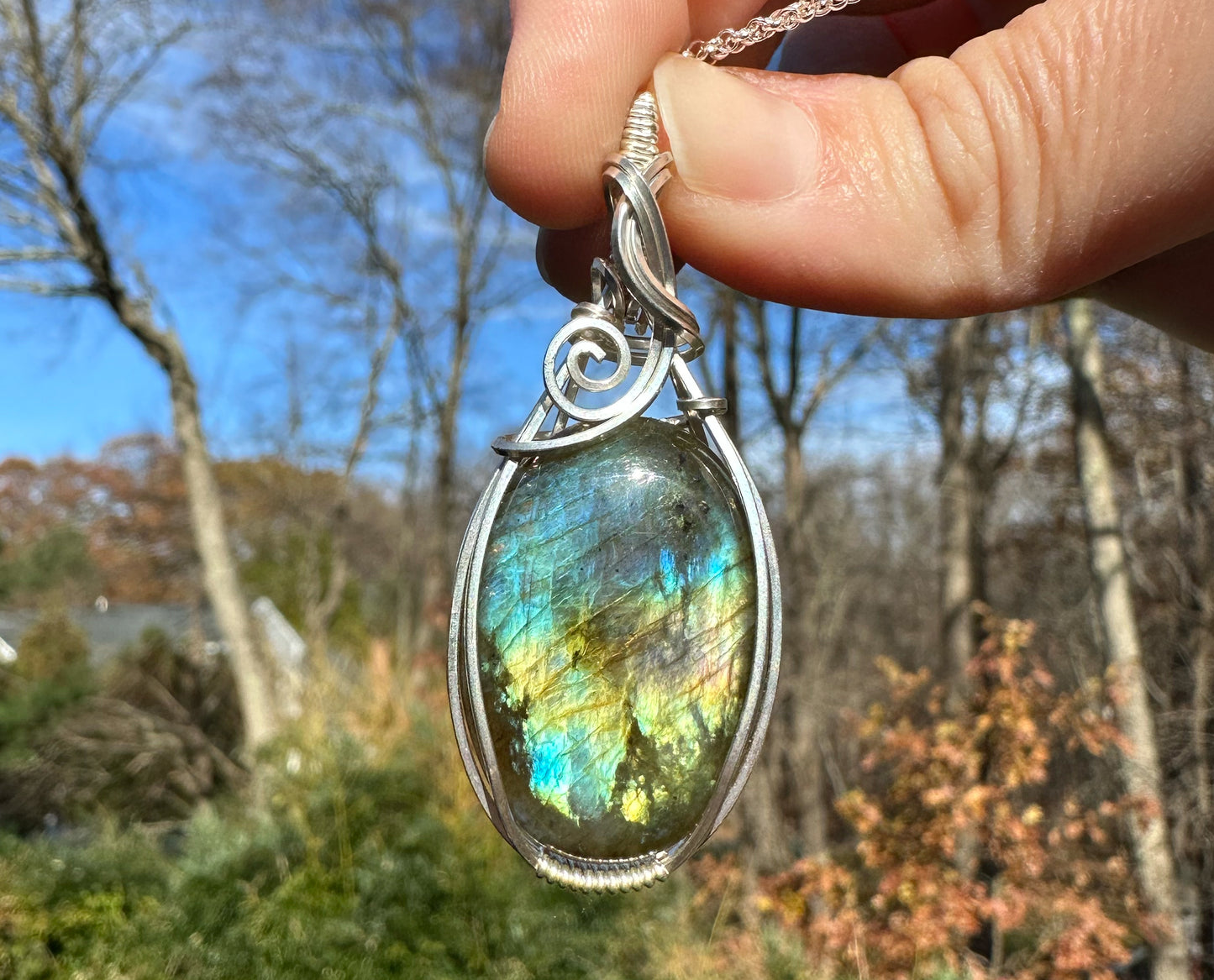 Wire-Wrapped Spectrolite Labradorite Pendant in Sterling Silver