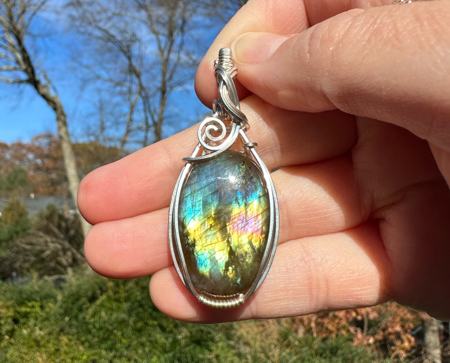 Wire-Wrapped Spectrolite Labradorite Pendant in Sterling Silver