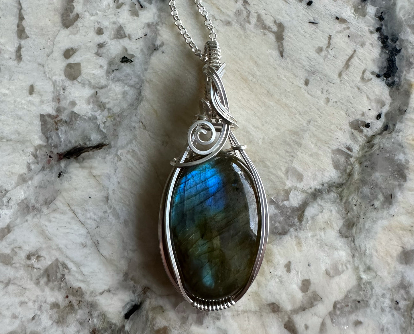 Wire-Wrapped Spectrolite Labradorite Pendant in Sterling Silver