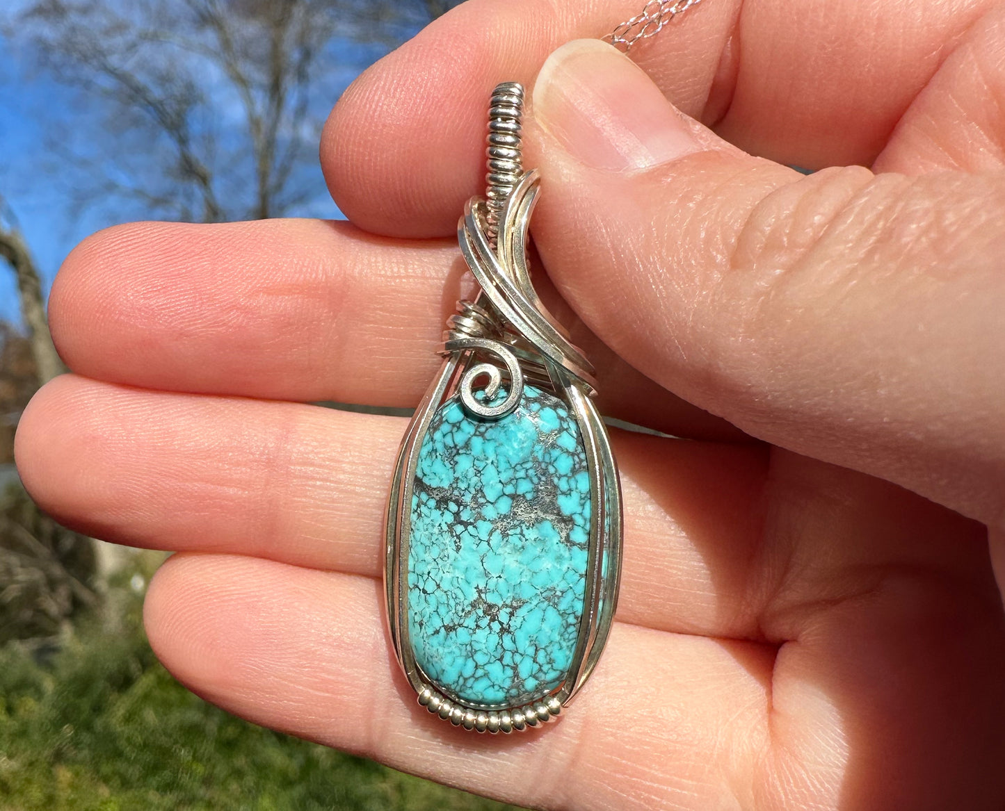 Wire-Wrapped Vintage Blue Turquoise Pendant in Sterling Silver