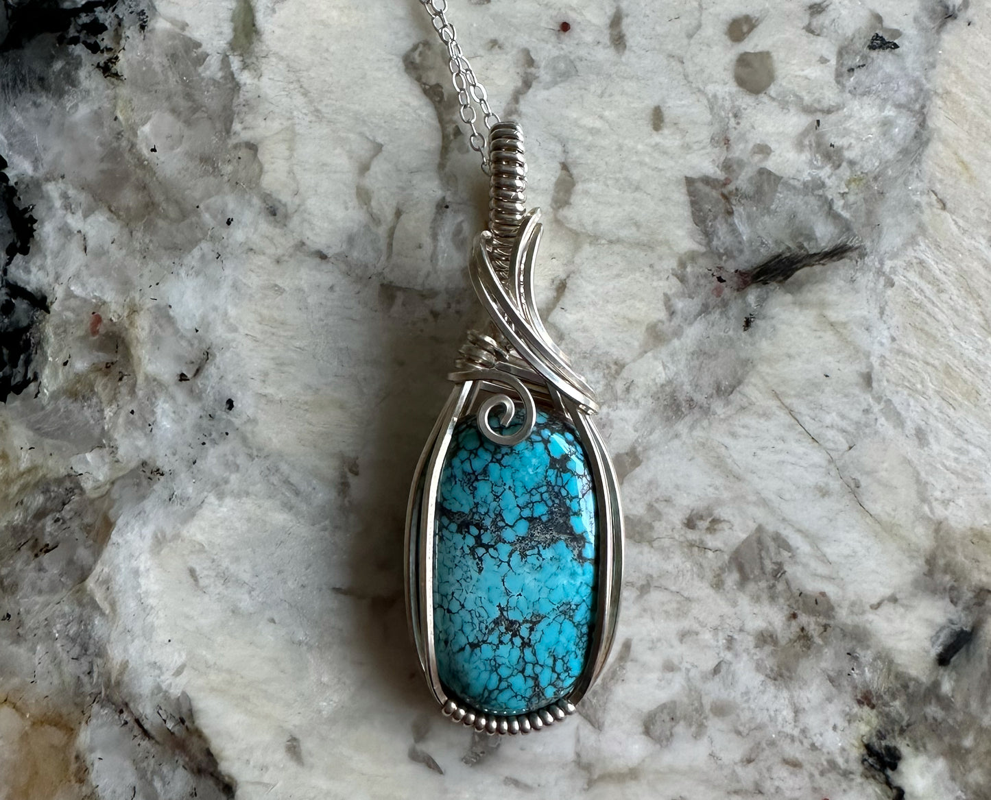 Wire-Wrapped Vintage Blue Turquoise Pendant in Sterling Silver