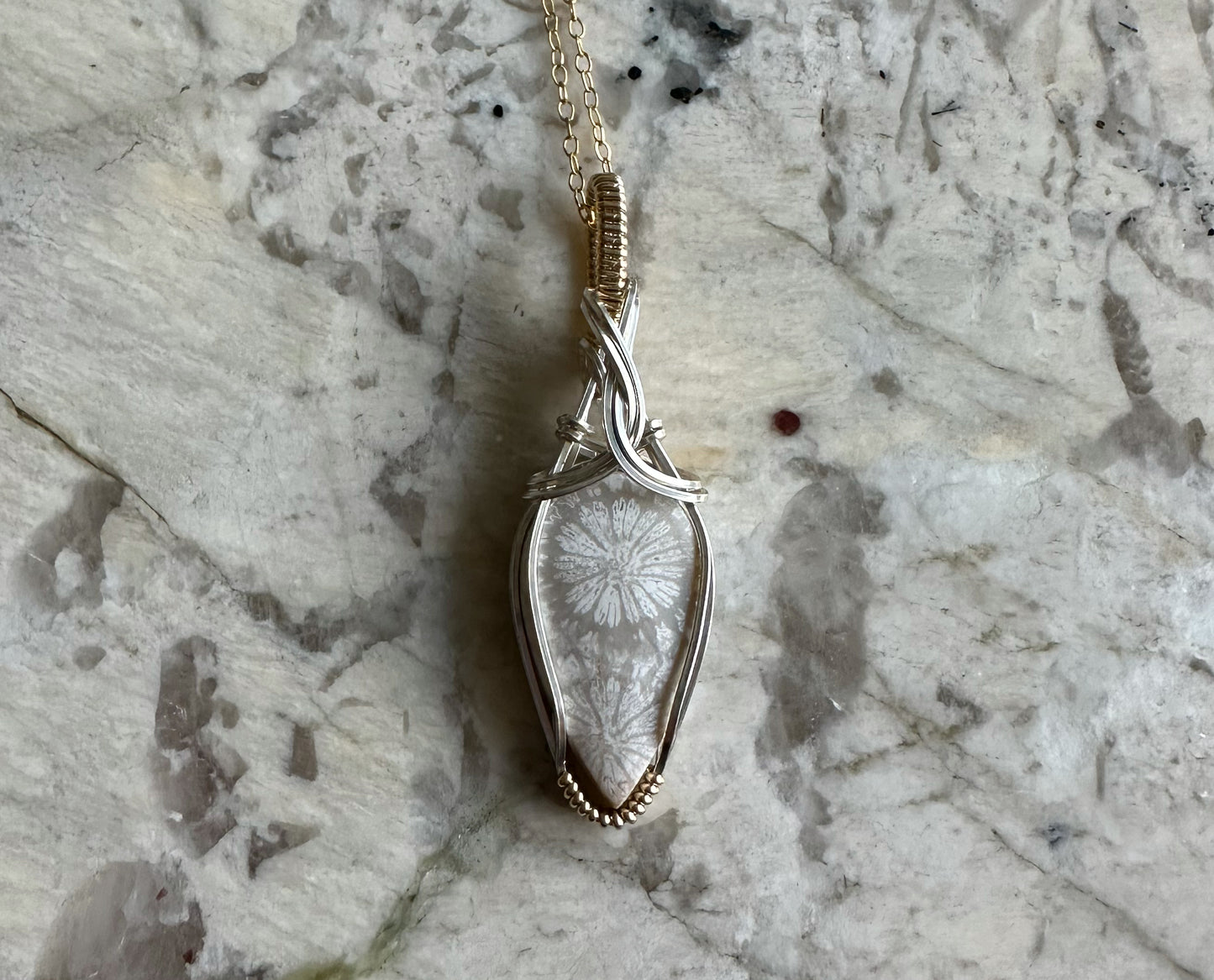 Two-Tone Wire-Wrapped Fossilized White Coral Pendant in Sterling Silver and 14k Goldfill