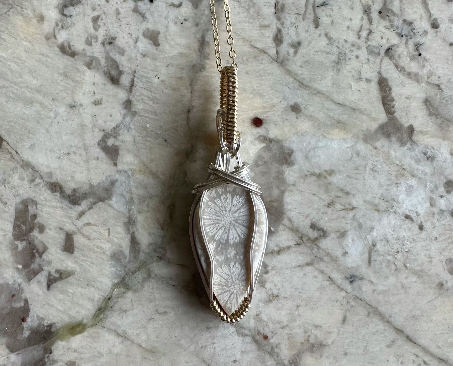 Two-Tone Wire-Wrapped Fossilized White Coral Pendant in Sterling Silver and 14k Goldfill