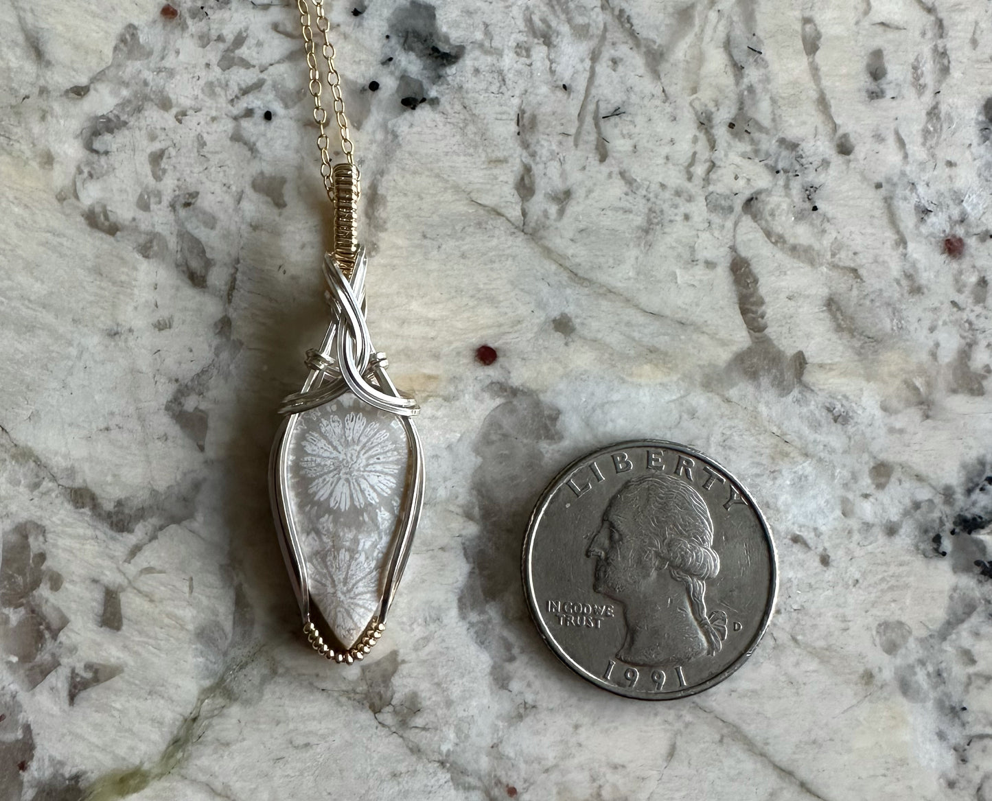 Two-Tone Wire-Wrapped Fossilized White Coral Pendant in Sterling Silver and 14k Goldfill