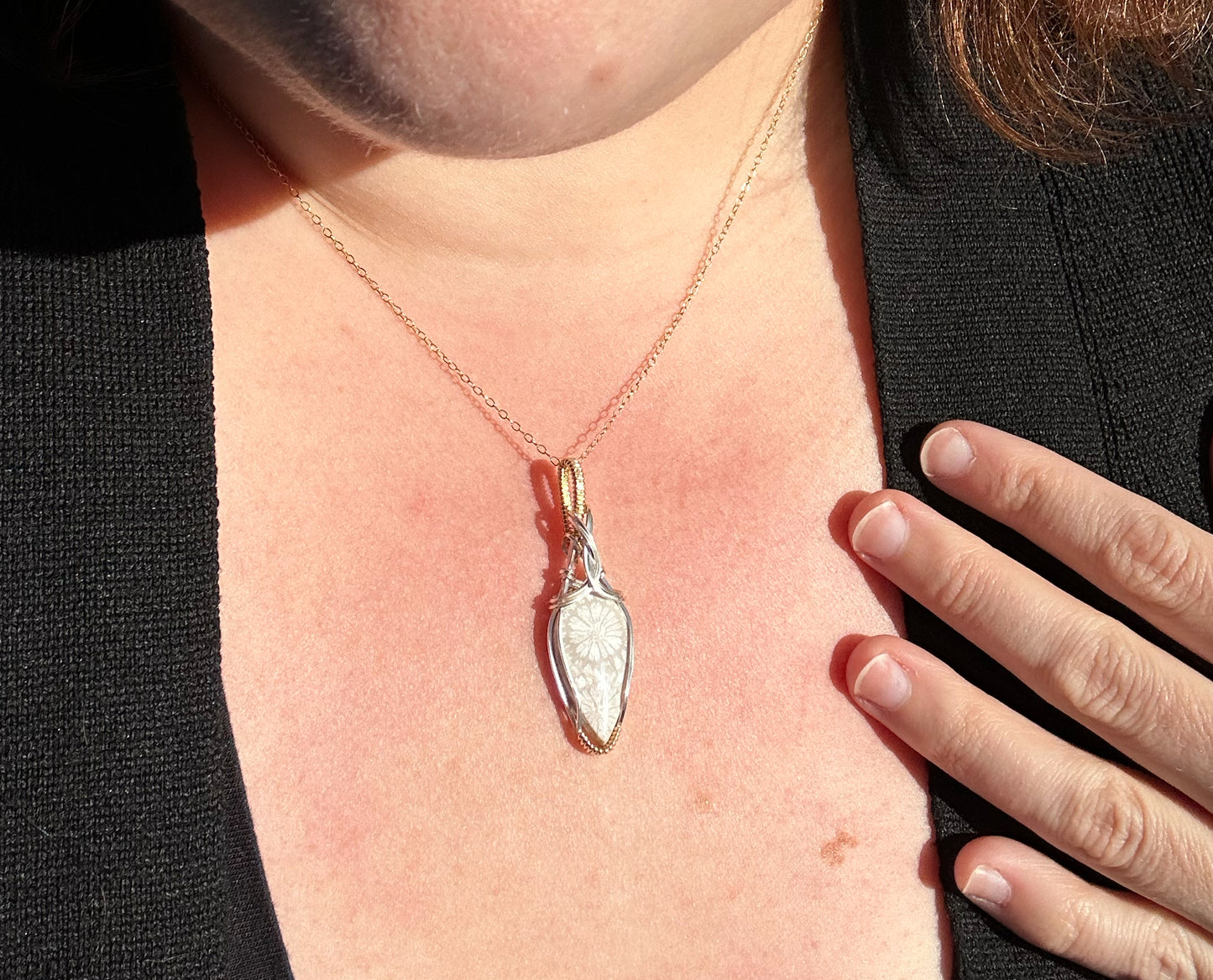 Two-Tone Wire-Wrapped Fossilized White Coral Pendant in Sterling Silver and 14k Goldfill