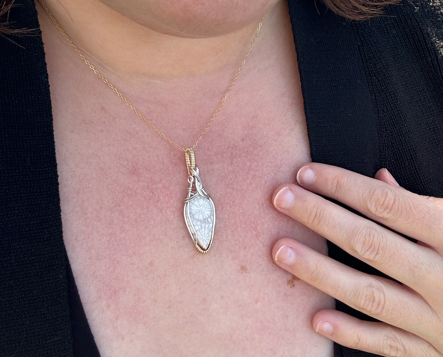 Two-Tone Wire-Wrapped Fossilized White Coral Pendant in Sterling Silver and 14k Goldfill