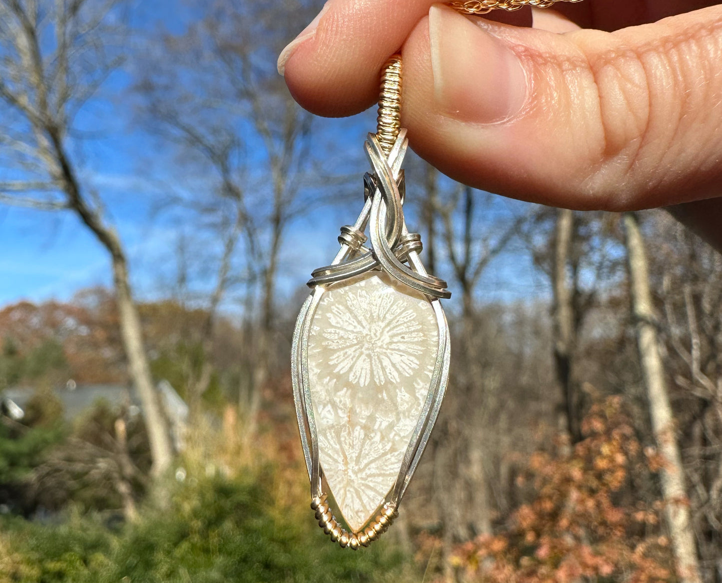 Two-Tone Wire-Wrapped Fossilized White Coral Pendant in Sterling Silver and 14k Goldfill