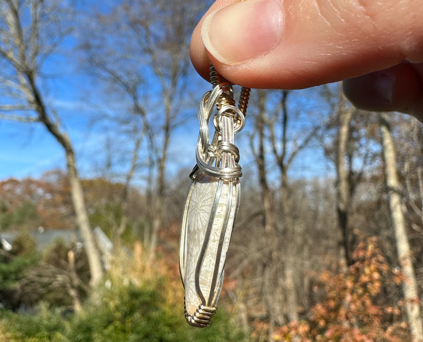 Two-Tone Wire-Wrapped Fossilized White Coral Pendant in Sterling Silver and 14k Goldfill