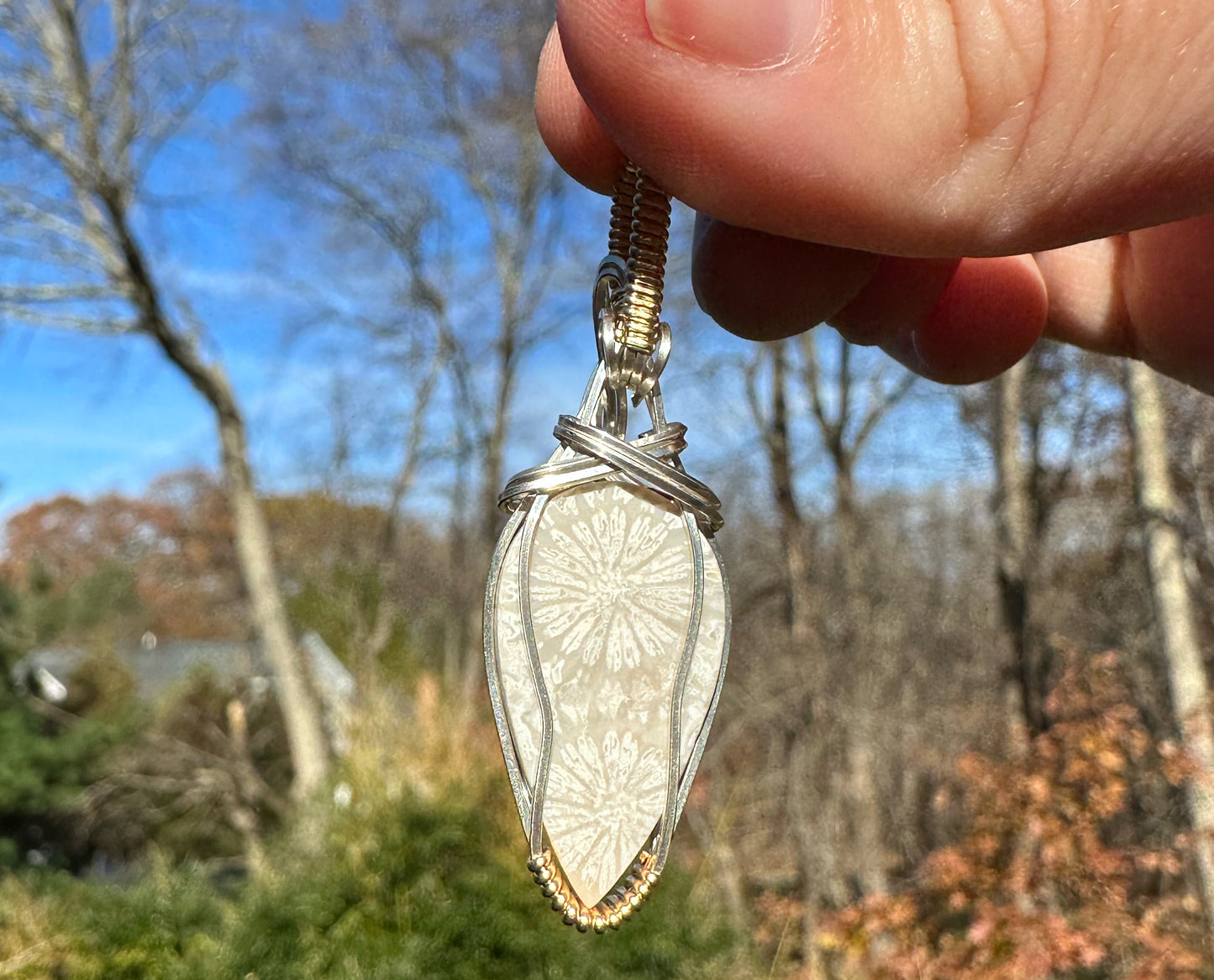 Two-Tone Wire-Wrapped Fossilized White Coral Pendant in Sterling Silver and 14k Goldfill